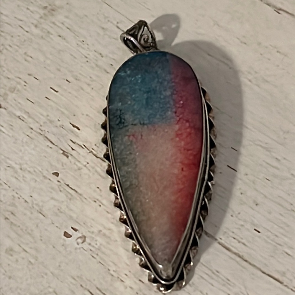 Huge Vintage hand made 925 Sterling Silver dyed quartz pendant 3” x 1” x .5”